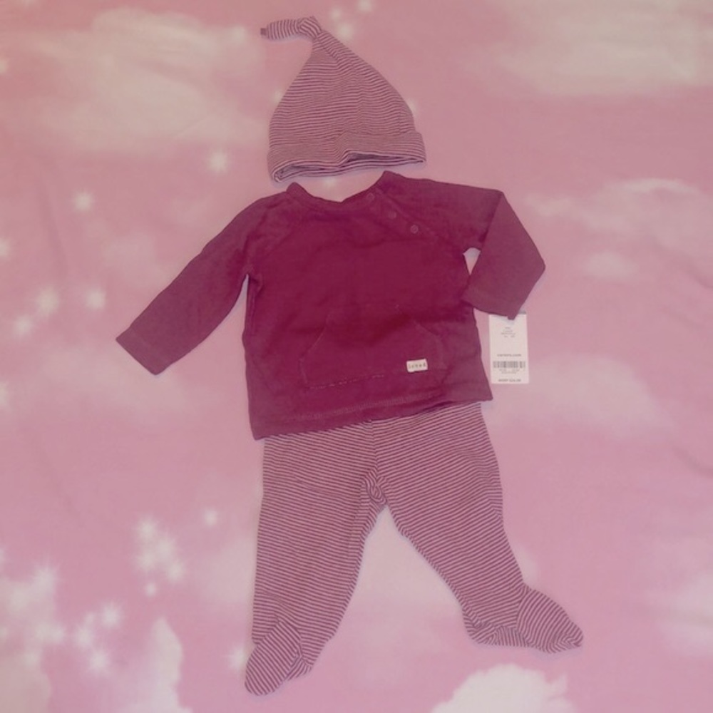 Carter’s ‘loved’ 3 Piece Set Baby 3m NWT Hat Long Sleeved Top & Footie Bottom